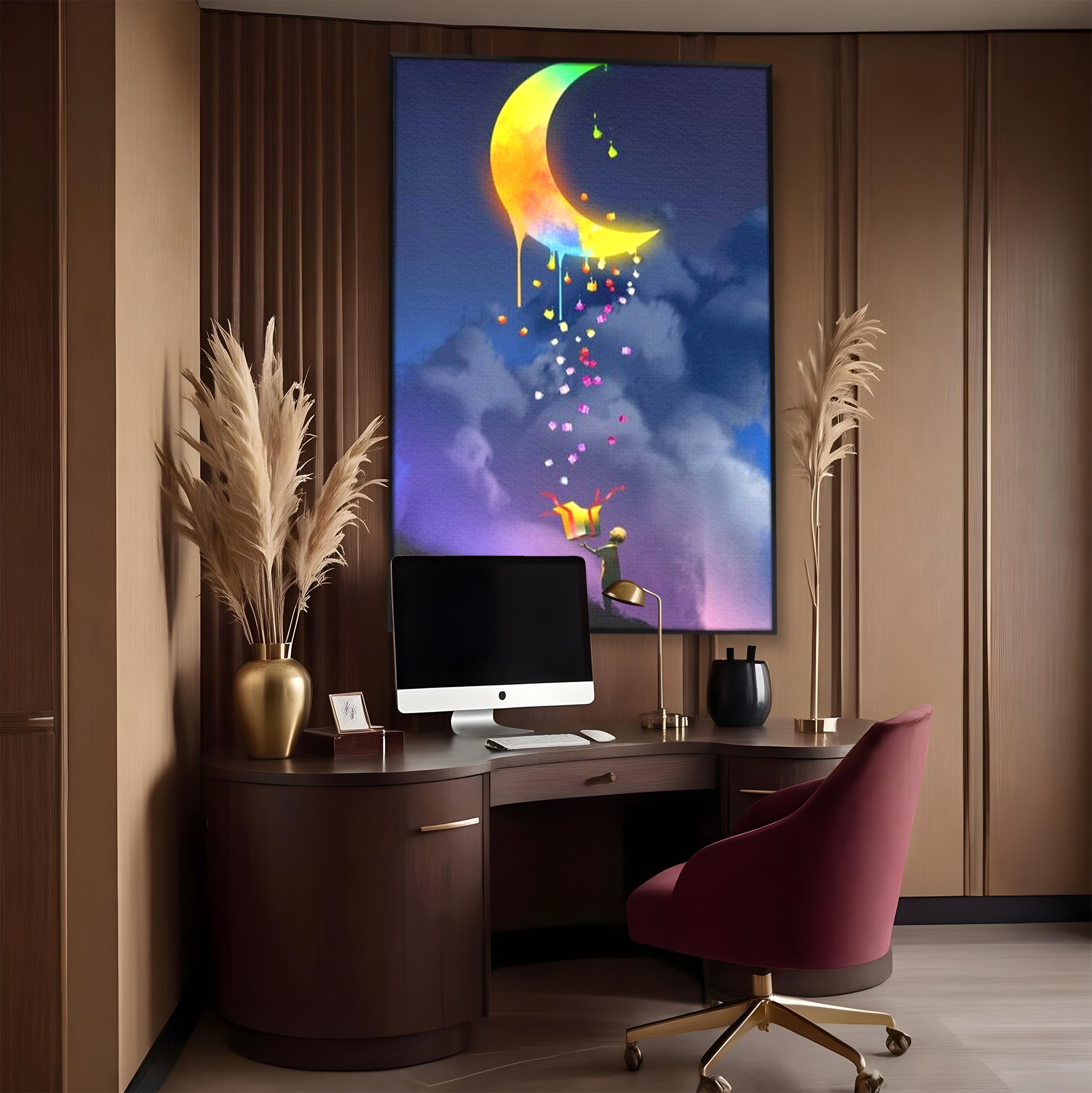 Tablou canvas cu ilustratie cu copil si luna curcubeu, in rama de aluminiu negru, pe perete intr-un birou